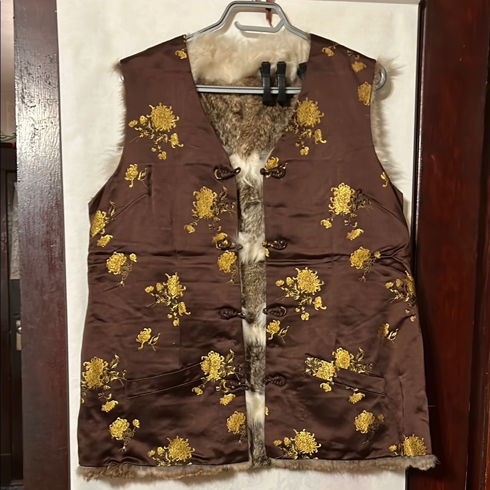 Chinese custom made silk / fur Brown Vest with Gold Floral, size medium